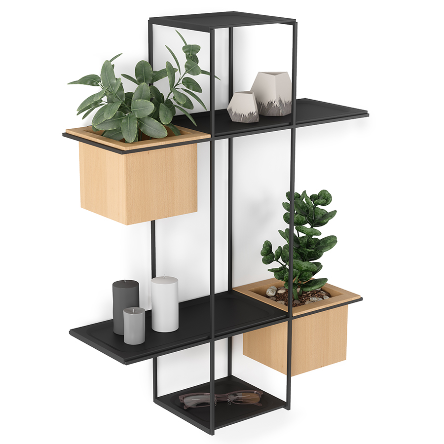 Umbra Полка-органайзер 16 х 48 х 64 см с 2 кашпо Cubist Multi черная | https://grandposuda.com.ua