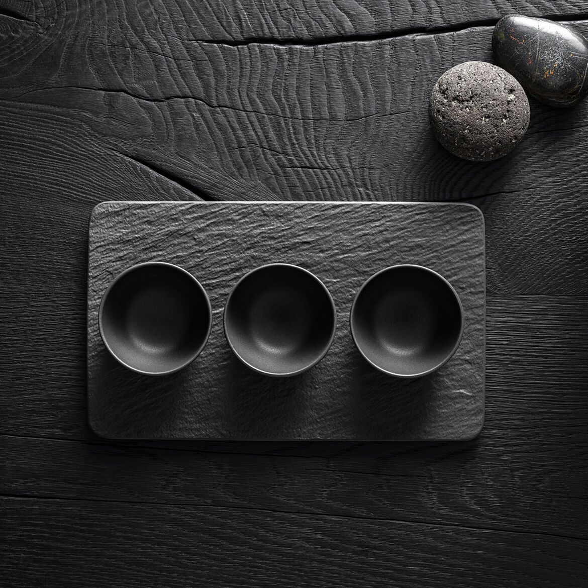 Villeroy & Boch Набір 3 піали з блюдом-підставкою Black/Gray Manufacture Rock | https://grandposuda.com.ua