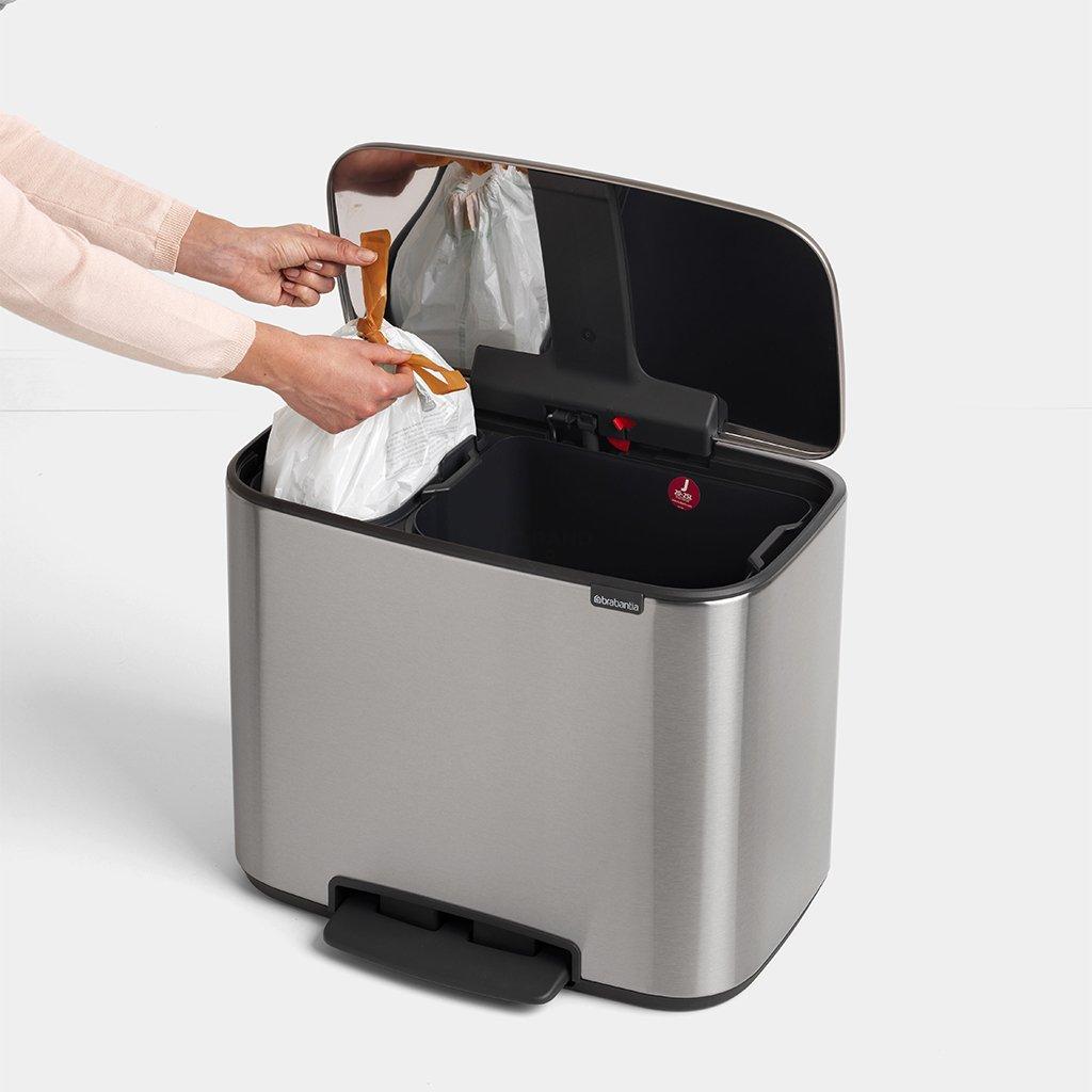 Brabantia Сміттєвий бак з педаллю 11 + 23 л сталевий матовий двосекційний Pedal Bin Bo | https://grandposuda.com.ua