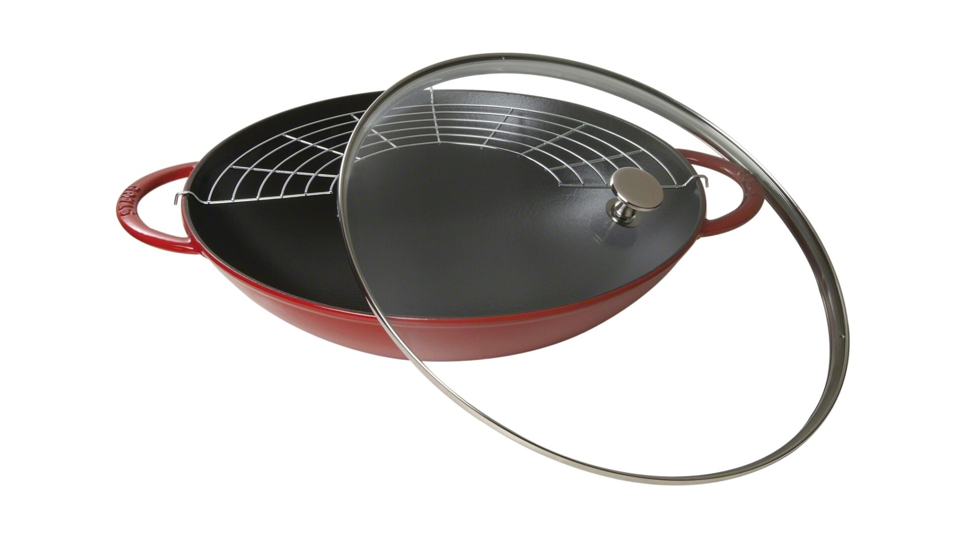 Staub Вок со стеклянной крышкой 30 см, вишневый | https://grandposuda.com.ua
