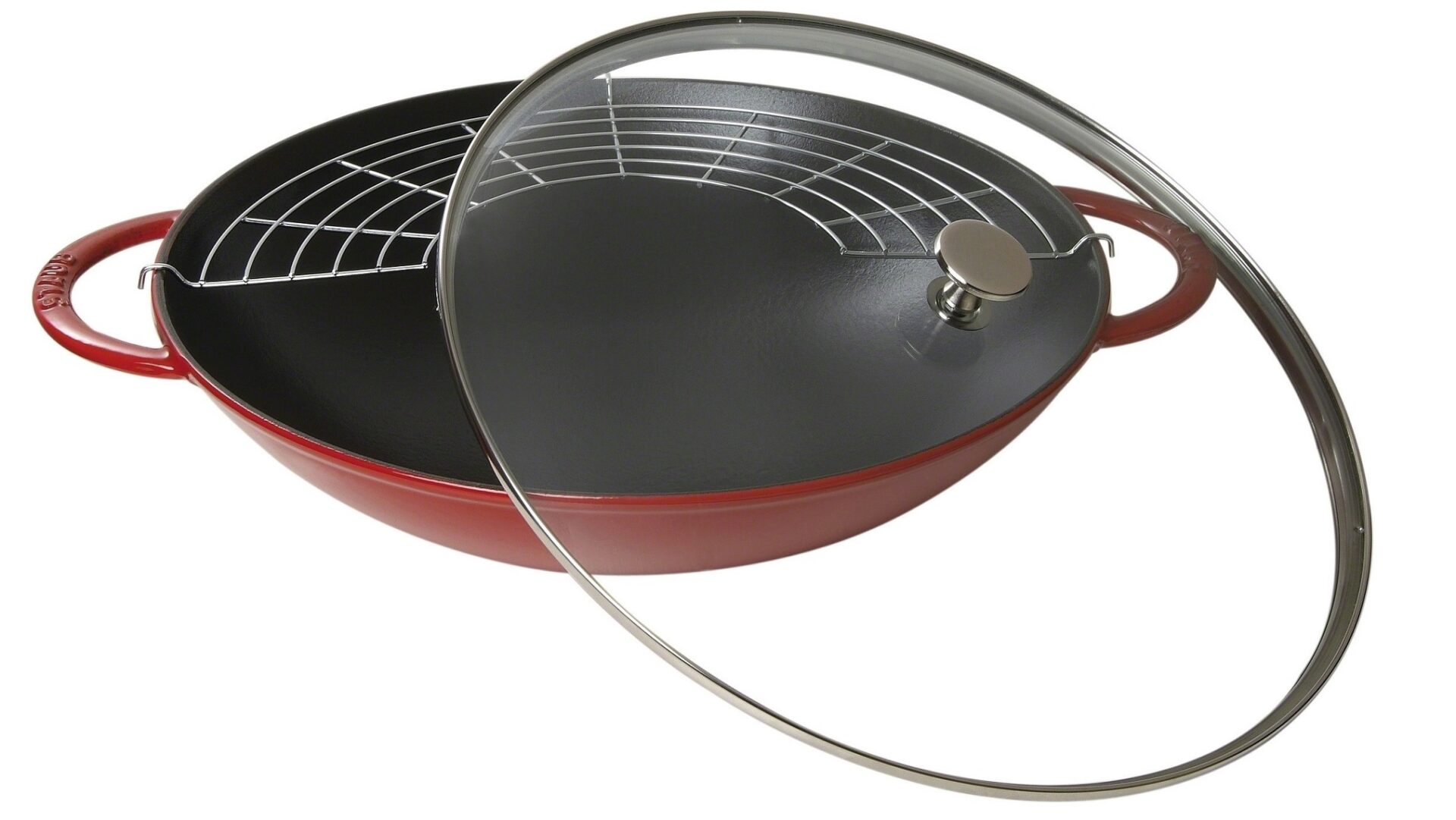 Staub Вок со стеклянной крышкой 37 см, вишневый | https://grandposuda.com.ua