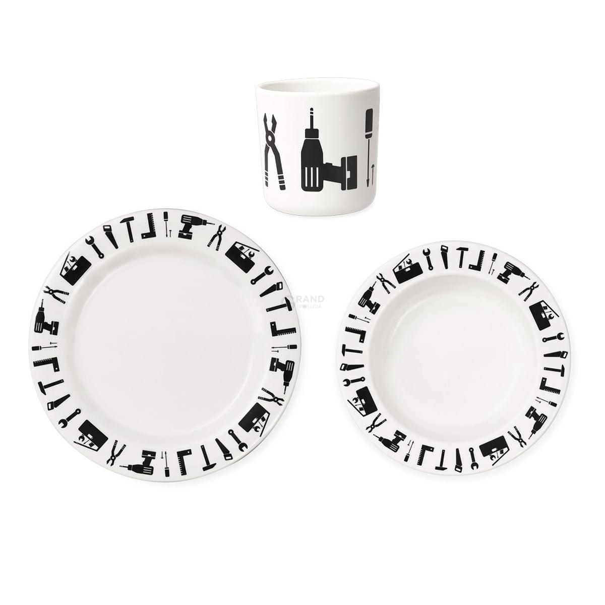 Design Letters Дитячий набір 21x17x7x7,3 см чорний / білий Tool School Geschirr-Set | https://grandposuda.com.ua