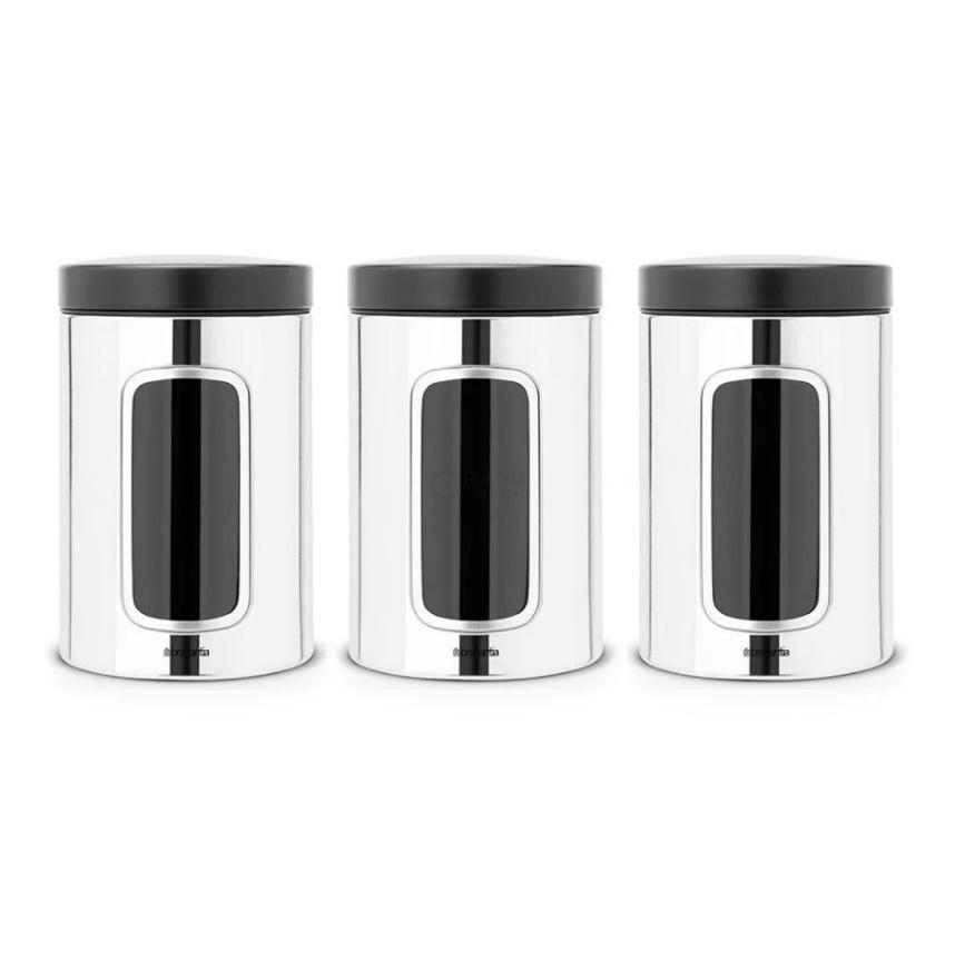 Brabantia Набір ємностей для зберігання сипучих продуктів з вікном 3 предмета, 1,4 л глянцевих сталевих | https://grandposuda.com.ua