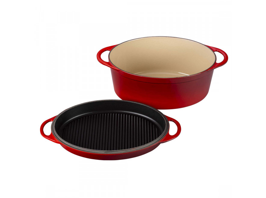 Le Creuset Гусятниця / жаровня с крышкой-сковородой гриль 32 см, красная | https://grandposuda.com.ua