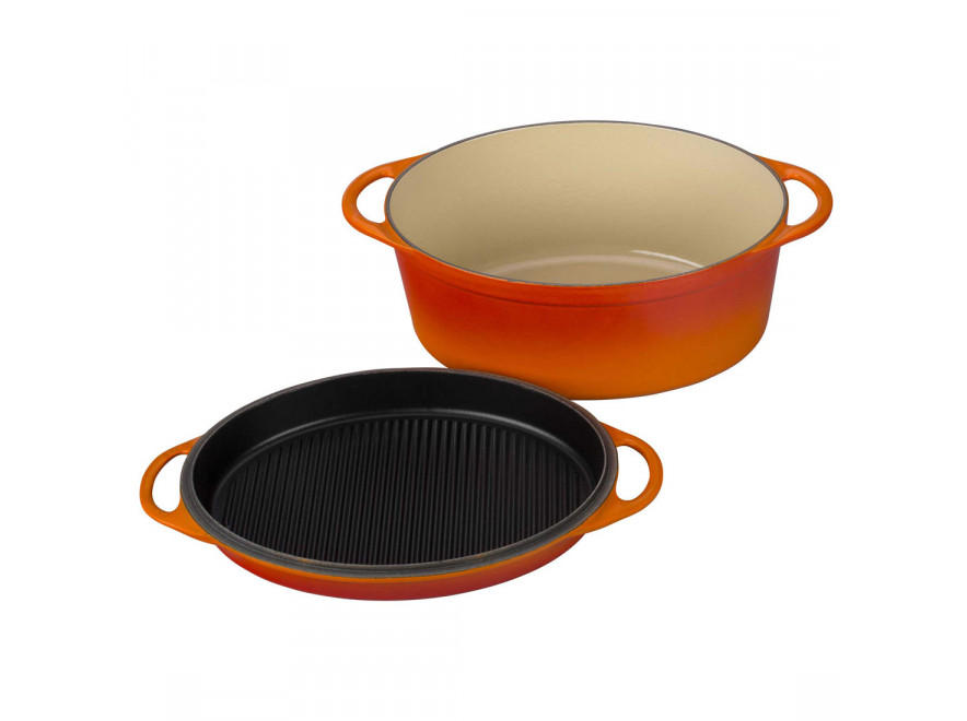 Le Creuset Гусятниця / жаровня с крышкой-сковородой гриль 32 см, оранжевая | https://grandposuda.com.ua