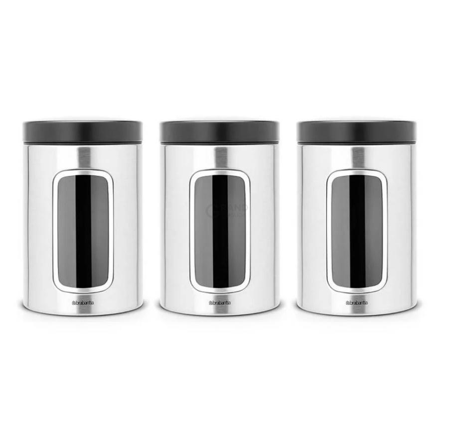 Brabantia Набір ємностей для зберігання сипучих продуктів з вікном 3 предмета, 1,4 л матових сталевих | https://grandposuda.com.ua