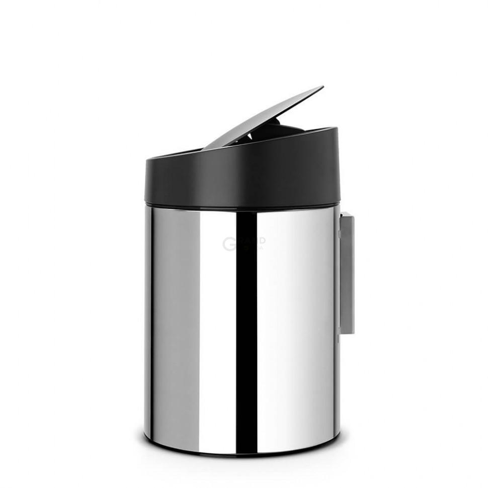 Brabantia Сміттєвий бак 5 л глянсовий сталевий, чорна пластикова кришка Slide Bin | https://grandposuda.com.ua