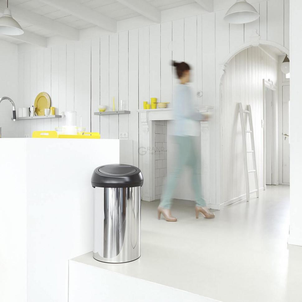 Brabantia Сміттєвий бак 60 л глянсовий сталевий, кришка чорна Touch Bin | https://grandposuda.com.ua