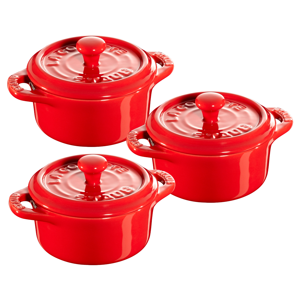 Staub Мини-кастрюля / жаровня с крышкой 10 см набор 3 предмета Cherry | https://grandposuda.com.ua