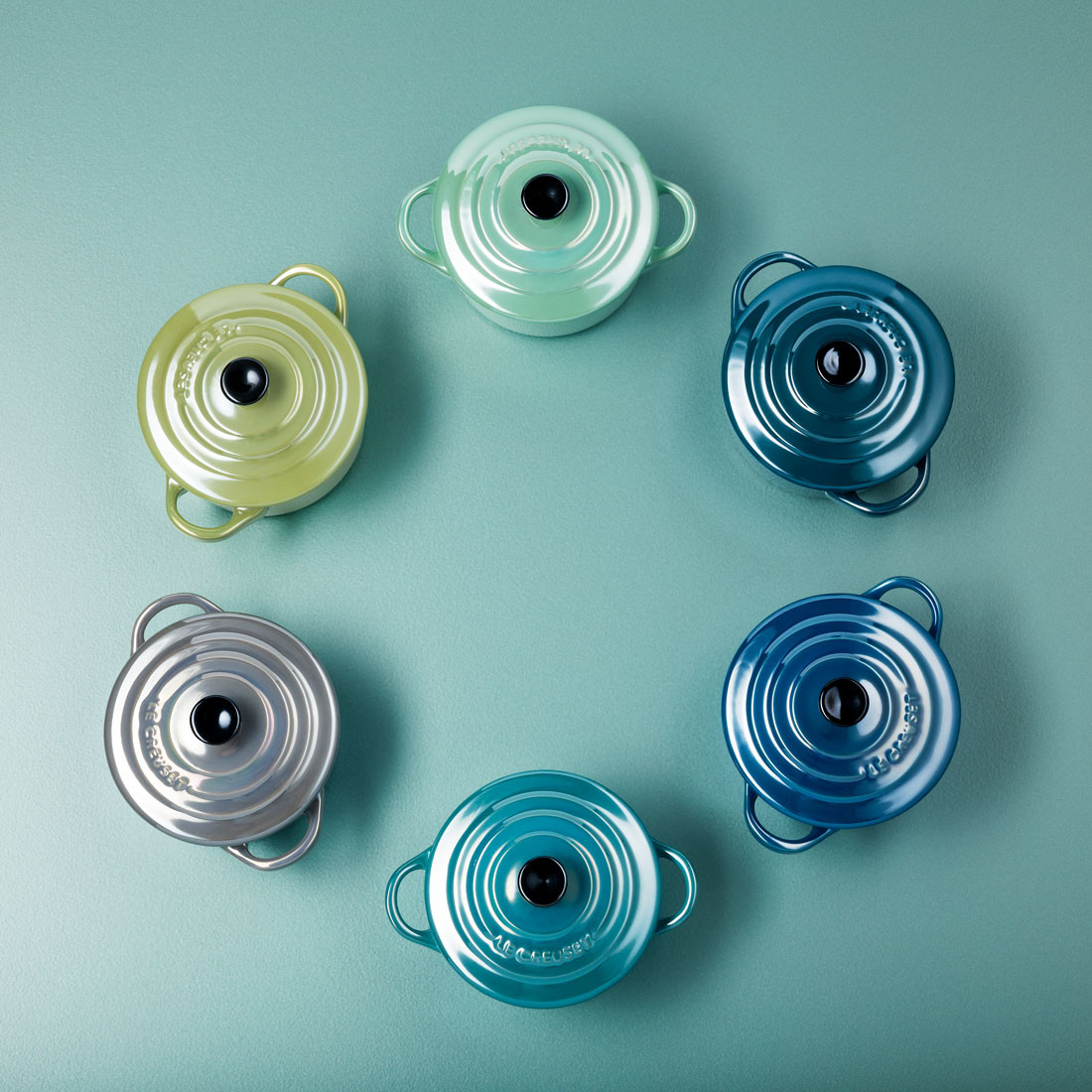 Le Creuset Міні-Кокотница з кришкою 10 см, бірюзова Cool Mint Metallic | https://grandposuda.com.ua