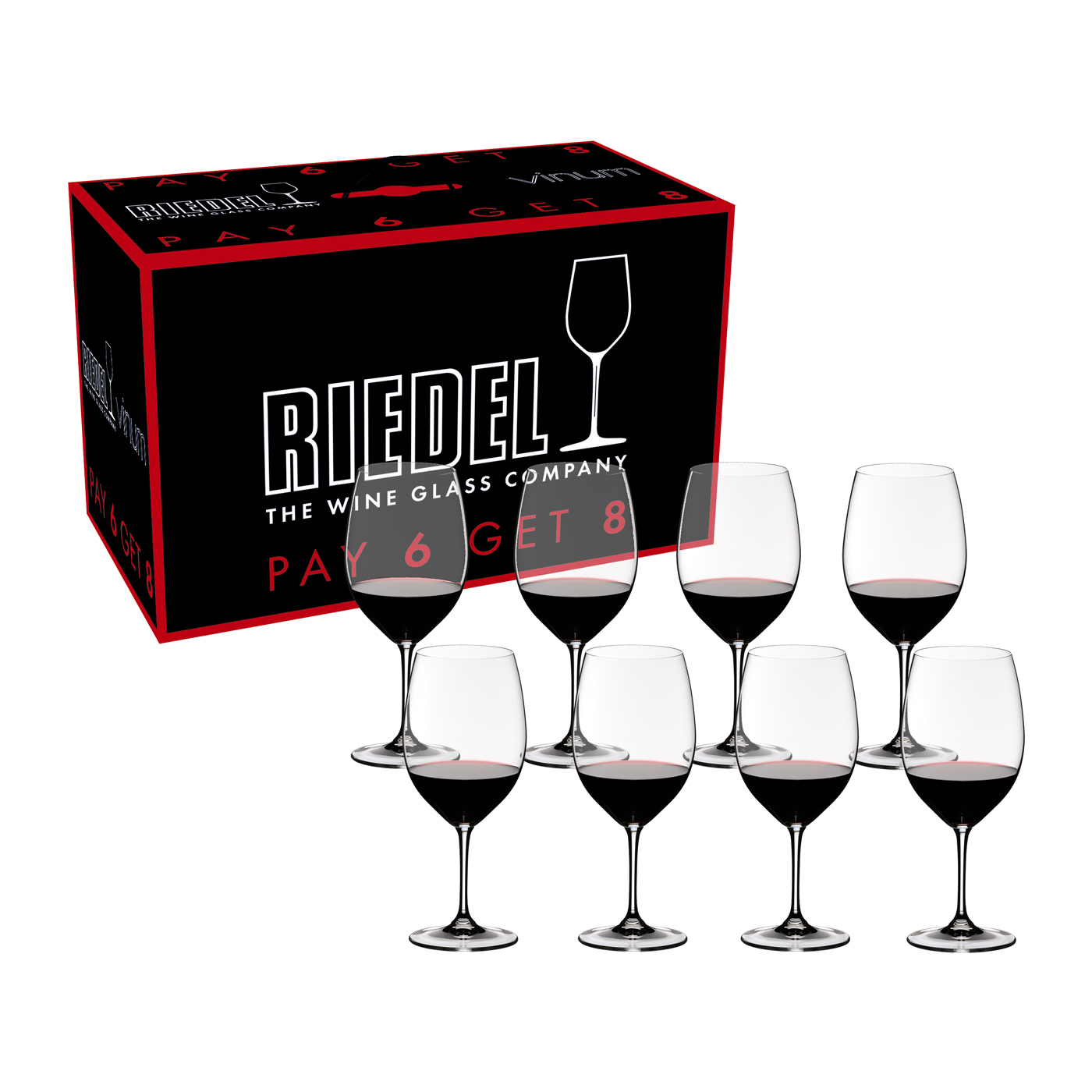 Riedel Набір келихів Bordeaux 610 мл, 6 шт + 2 в подарунок, кришталь, Vinum | https://grandposuda.com.ua