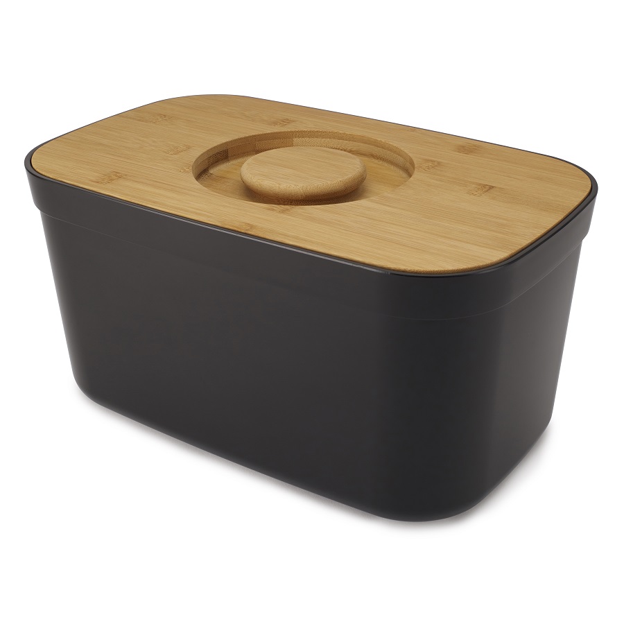 Joseph Joseph Хлебница пластиковая с разделочной доской из бамбука чёрная Bread Bin | https://grandposuda.com.ua