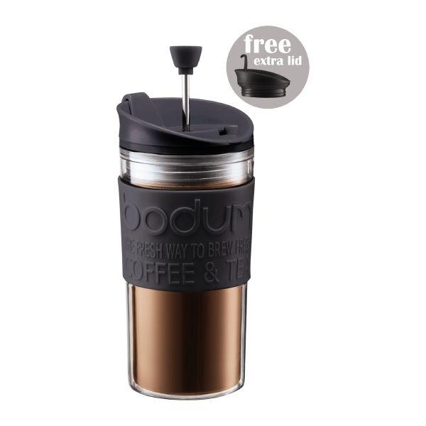 Bodum Термокружка с дополнительной крышкой черная, 0,35 л, Travel Press | https://grandposuda.com.ua